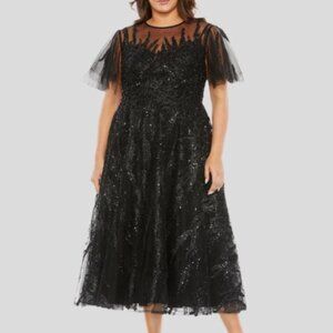 MAC DUGGAL 20477 HIGH NECK FLUTTER SLEEVE EMBELLISHED A-LINE BLACK MIDI DRES 24W